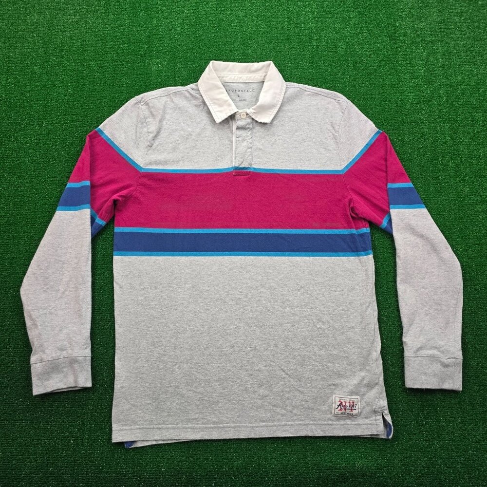 Aerospostale Polo Shirt Men Large Gray Striped Rugby Long Sleeve Preppy Golf